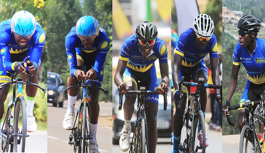 L-R: Team Rwanda riders Joseph Areruya,Yves Nkurunziza,Samuel Mugisha, Jean Claude Uwizeye and Didier Munyaneza will represent Rwanda during La Tropicale Amissa Bongo. Sam Ngendahimana.