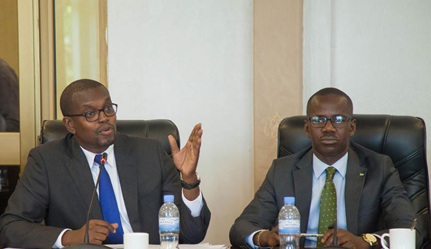 Mutangana (L) briefs a parliamentary committee about drug dealing. On right is State Minister for Legal and Constitutional Affairs Evode Uwizeyimana. File.