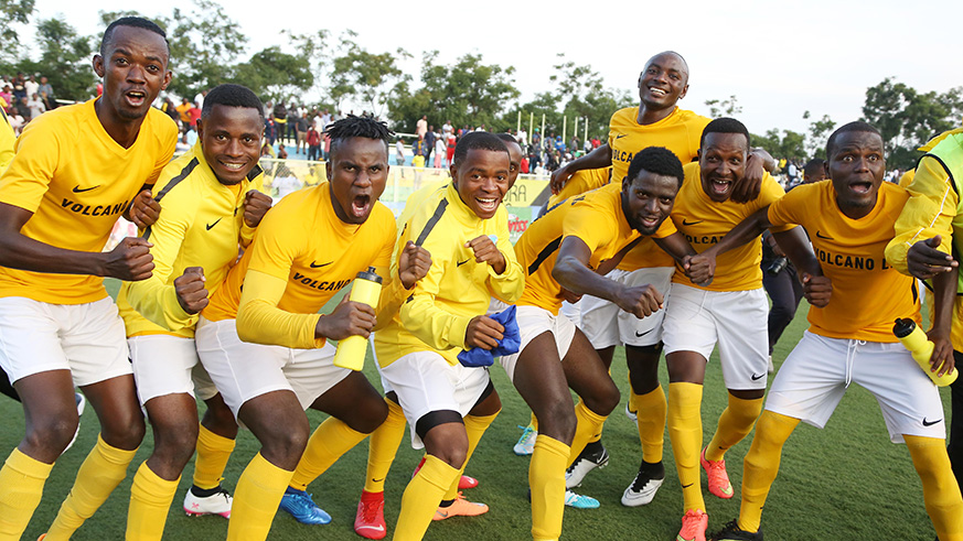 Mukura Victory Sports players celebrate their victory after stunning APR 1-0 at Kigali Stadium on Thursday. The Huye-based team are the first team to beat APR in Azam Rwanda Premier League this season.Sam Ngendahimana.