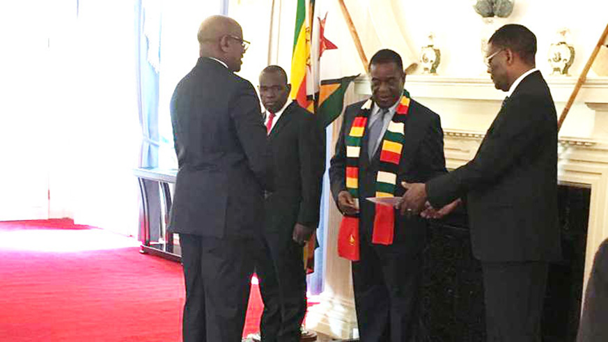 Amb. Musoni (left) at the presentation of his letters of credence to President Mnangagwa (centre) in Harare yesterday. Courtesy.