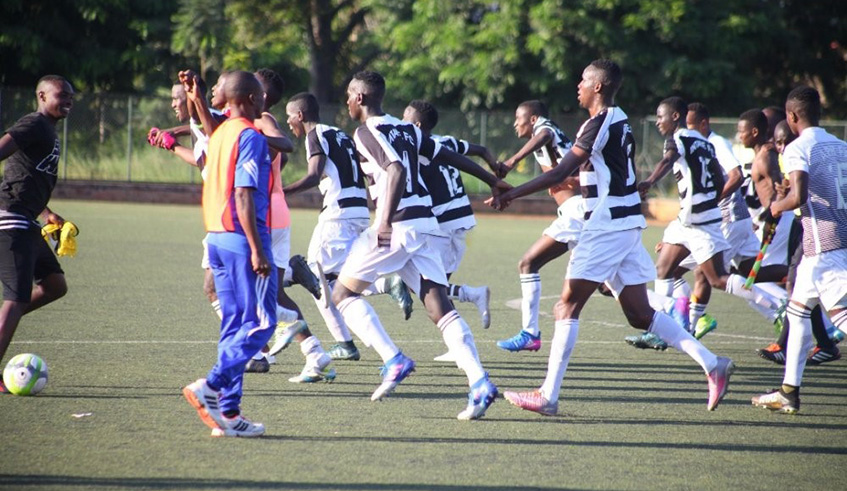 Intare FC players celebrate after beating Pepiniere FC at Ferwafa artificial turf last season. File.