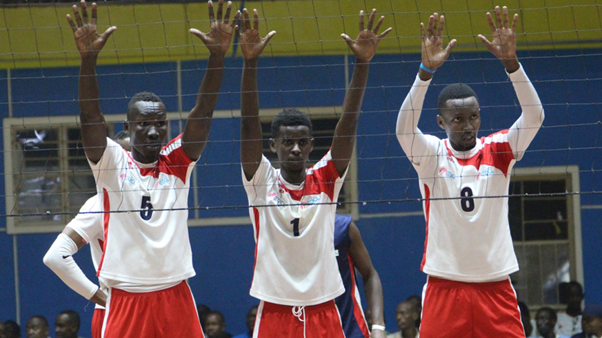 REG Volleyball Club skipper Flavien Ndamukunda (R) was on clinical form as he inspired his side to a five-set thriller victory over two-time reigning champions Gisagara at Amahoro Stadium on Saturday. File.