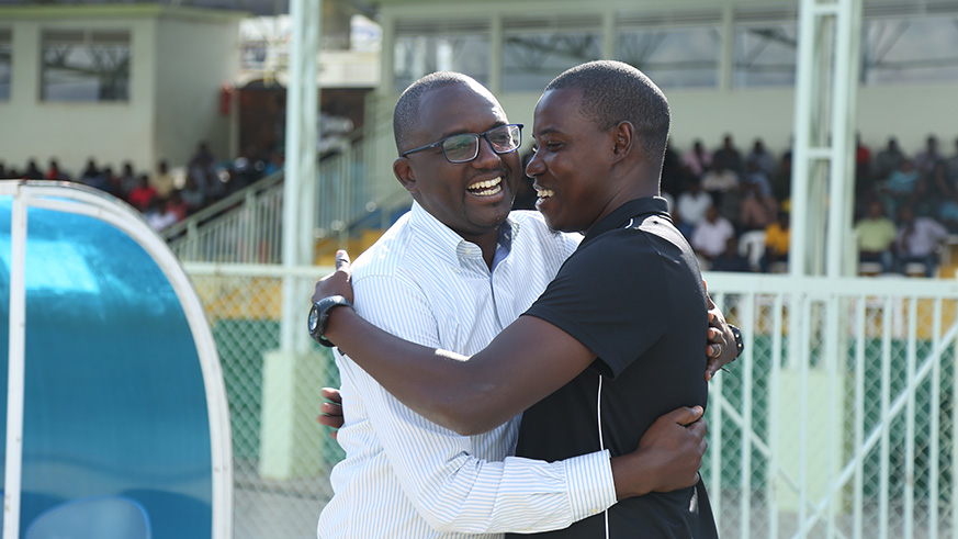 APR head coach Jimmy Mulisa (right) and his Mukura counterpart Francis Haringingo during their sideu2019s clash recently.  Leaders APR have since returned to winning ways after their defeat to second-placed Mukura. Sam Ngendahimana.