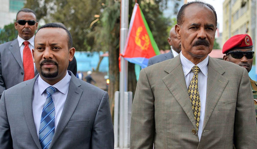 Ethiopiau2019s Prime Minister Abiy Ahmed and Eritrean President Isaias Afwerki  (right)  have reopened the Oumhajir-Humera border crossing that connects the two countries for trade and transport. Net.