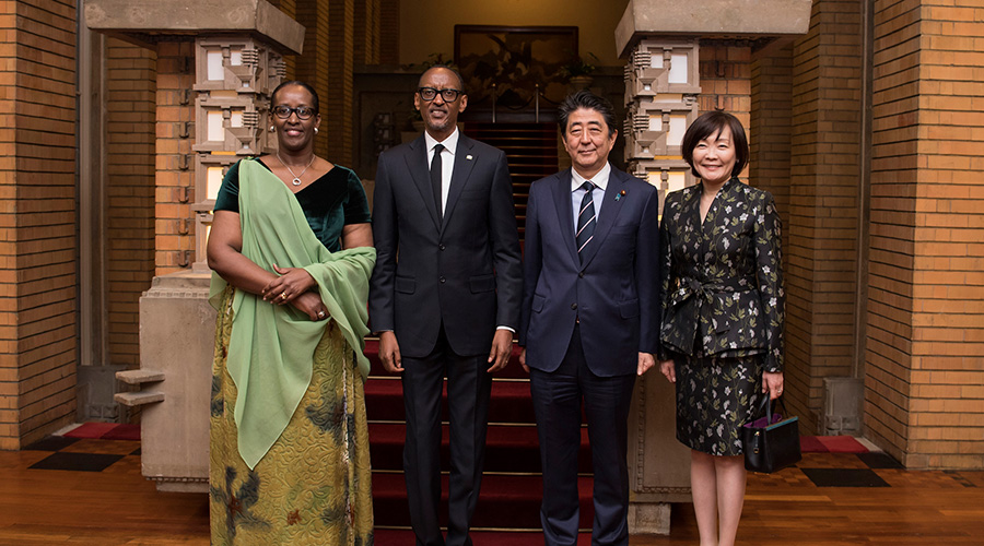 President Paul Kagame and First Lady Jeannette Kagame with their hosts, Japanese Prime Minister Shinzo Abe and Mrs. Akie Abe, in Tokyo yesterday. Village Urugwiro.