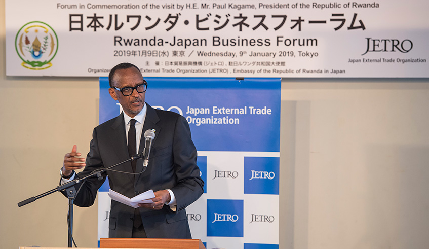President Kagame delivers Keynote Address at the Rwanda-Japan Business Forum in Tokyo yesterday. The President invited Japanese firms to invest in Rwanda saying that the country is open to different modalities and types of investment. Village Urugwiro.