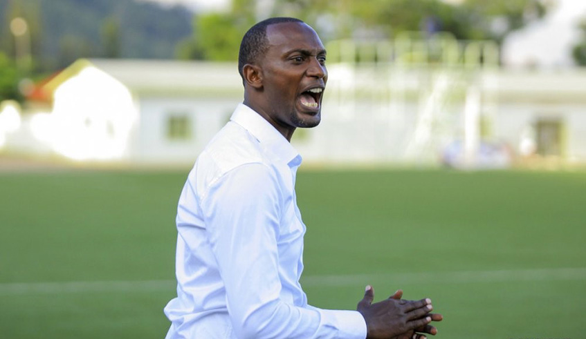 Sunrise head coach Justin Bisengimana shouts instructions to his players during a past league match against AS Kigali at Kigali Stadium. Courtesy.