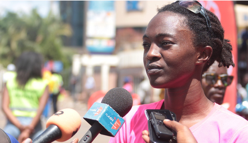 Uwineza gives an interview after winning the 2018 Liberation Duathlon Challenge in Kigali last July. File.