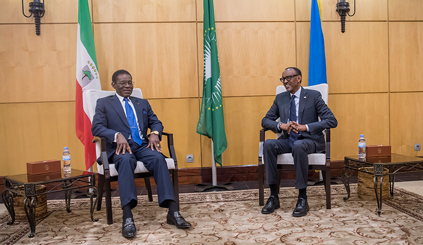 Presidents Kagame and Teodoro Obiang Nguema Mbasogo of Equatorial Guinea hold bilateral talks in Kigali during the latteru2019s one-day working visit to Rwanda yesterday. Village Urugwiro.