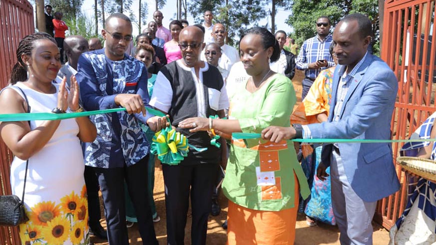 Health Minister Diane Gashumba (second right) Provincial governor Fred Mufuruke (right) and othre officials cutting a ribbon at the launch of Aheza Healing and Career Centre in Bugesera yesterday. Kelly Rwamapera
