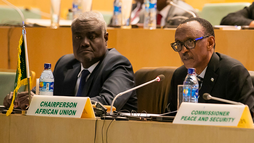 President Paul Kagame and Moussa Faki Mahamat of AU during a high level consultative meeting on the situation in DRC yesterday. Courtesy