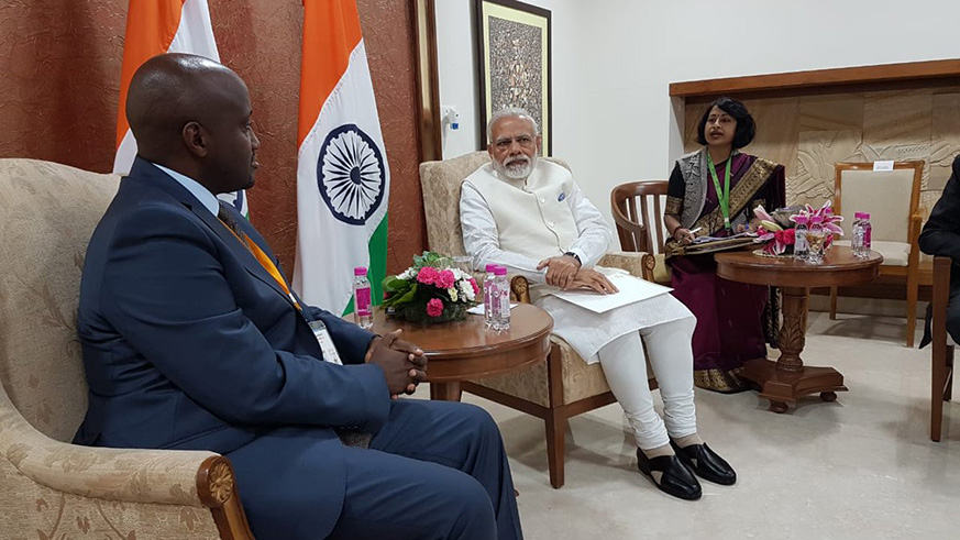 Minister of State for Foreign Affairs Olivier Nduhungirehe also met with Prime Minister of India  Narendra Modi on the sidelines of the 9th Vibrant Gujarat Summit in Gandhinagar, India.Courtesy.