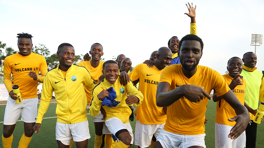 Bertrand Iradukunda (in front), seen here celebrating with his Mukura teammates after beating APR earlier this month, was the lone scorer during Saturdayu2019s 1-0 win over Al Hilal at Huye Stadium. Sam Ngendahimana.