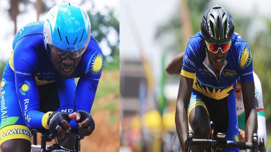 Joseph Areruya (L) and Samuel Mugisha lead Team Rwandau2019s six-man contingent at the 2019 edition of the annual La Tropicale Amissa Bongo, which gets underway today in Bongoville. File.
