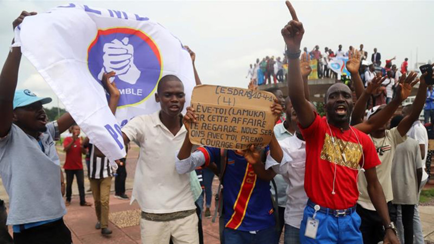 Supporters of Martin Fayulu chant slogans as he delivers his appeal contesting the results of the presidential election at the constitutional court in Kinshasa. Net photo.