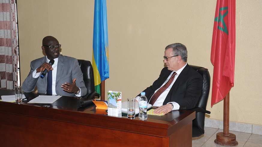 Busingye and his Moroccan counterpart Mohmed Aujjar during their meeting in Kigali yesterday. Kelly Rwamapera.