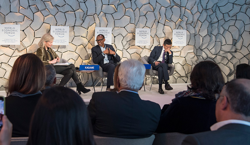 President Paul Kagame on a panel with Jack Ma (R). On left  is moderator,   Zanny Minton Beddoes. In an earlier session, President Kagame  said that more than ever, conditions are ideal for Africans to change the status quo and take the lead in shaping the continentu2019s future, bringing to end dependence on external actors. Village Urugwiro.