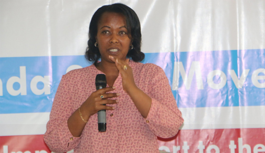 Minister Esperance Nyirasafari delivers her opening remarks during Day 1 of the sports retreat 2019 in Rubavu District on Thursday. Sam Ngendahimana.