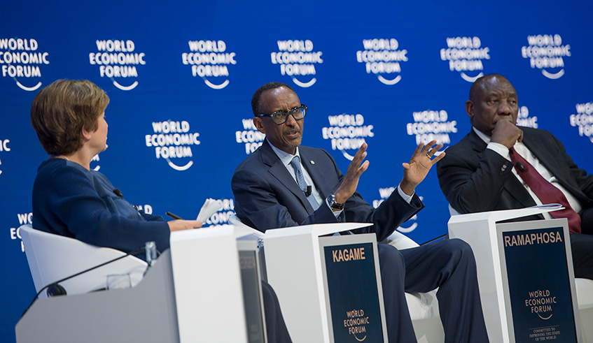 President Kagame in Davos, Switzerland at the WEF Annual Meeting session dubbed: Africau2019s Leadership in the New Global Context. He was on the panel with South African President Cyril Ramaphosa(right) which was moderated by World Bank Group CEO, Kristalina Georgieva (left). Village Urugwiro.