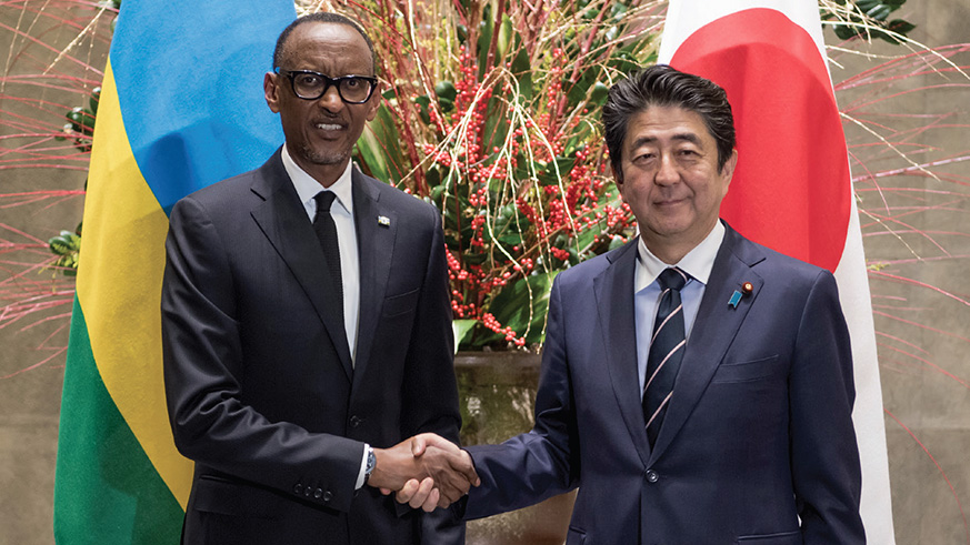 President Kagame is welcomed by Prime Minister Abe of Japan