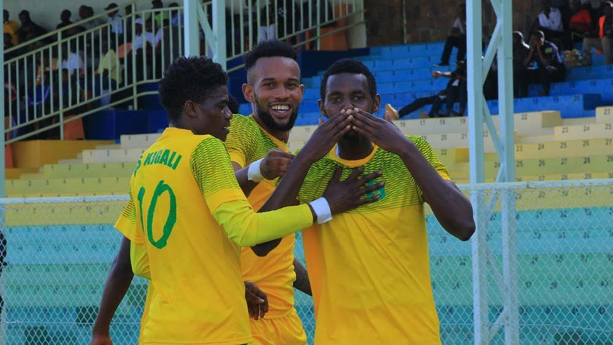 AS Kigali players celebrate at the end of the match after their hard-fought 1-0 victory over APR at Kigali Stadium on Saturday. Courtesy.