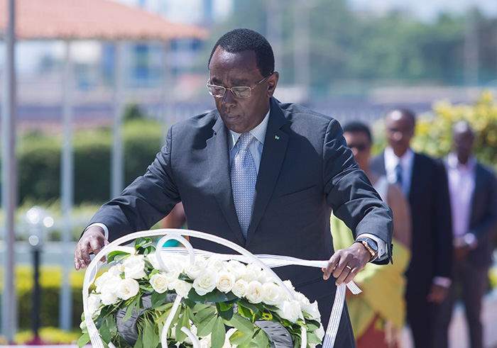 Senate president, Bernard Makuza lays a wreath at the country heroesu2019 grave yesterday at the National Heroesu2019 Mausoleum during the celebration of heroes day. Nadege Imbabazi