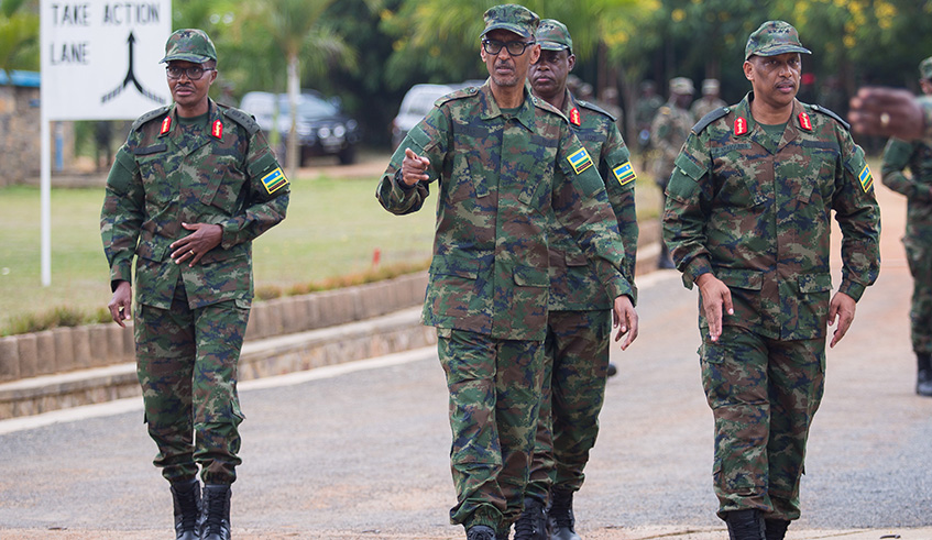 The Commander-in-Chief of RDF, President Paul Kagame (centre), flanked by the Minister for Defence, Maj Gen. Albert Murasira (left), Chief of Defence Staff of RDF,  Gen. Patrick Nyamvumba (R), and Senior Defence and Security Advisor in the Office of the President, Gen. James Kabarebe. The Commander-in-Chief challenged RDF top brass to maintain and upscale the hard-earned security and contribution to the development of Rwanda. Village Urugwiro.