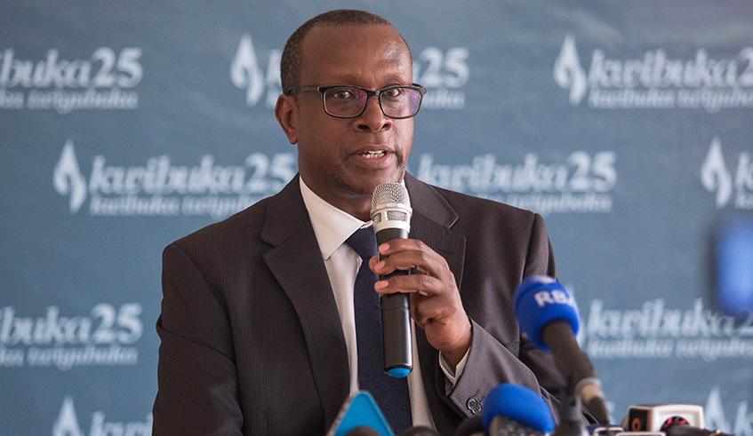 CNLG Executive Secretary Jean Damascu00e8ne Bizimana speaks during a news conference about the preparation of the 25th commemoration of the 1994 Genocide against the Tutsi yesterday. Nadege Imbabazi
