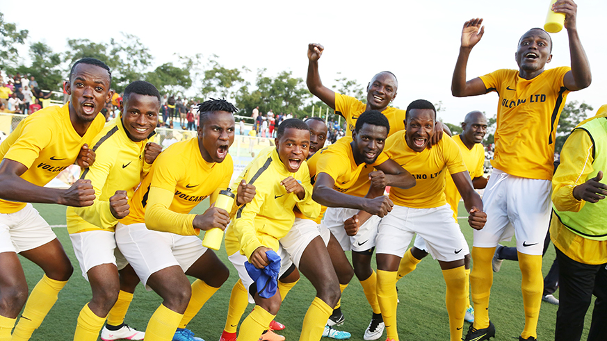 Mukura players celebrate after beating APR FC in the first leg match at Kigali Stadium. The Huye based club finished the first round in second place. Sam Ngendahimana.