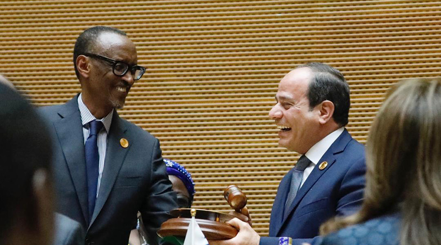 President Kagame officially hands over AU chairmanship to his Egyptian counterpart Abdul Fattah Al-Sisi at the 32nd Ordinary Session of the African Union in Addis Ababa yesterday. Village Urugwiro.