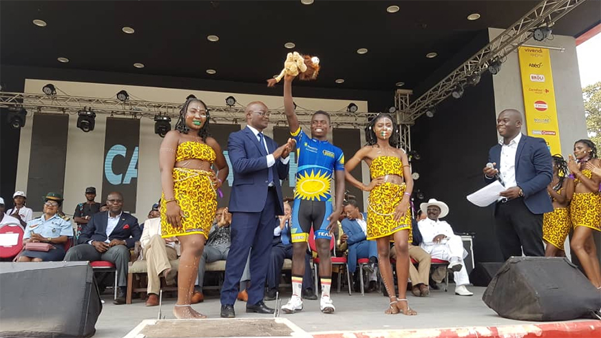 Youngster Moise Mugisha revels in his stage win on the final day of the second edition of Tour de lu2019 Espoir in Yaoundu00e9 on Saturday. Courtesy.