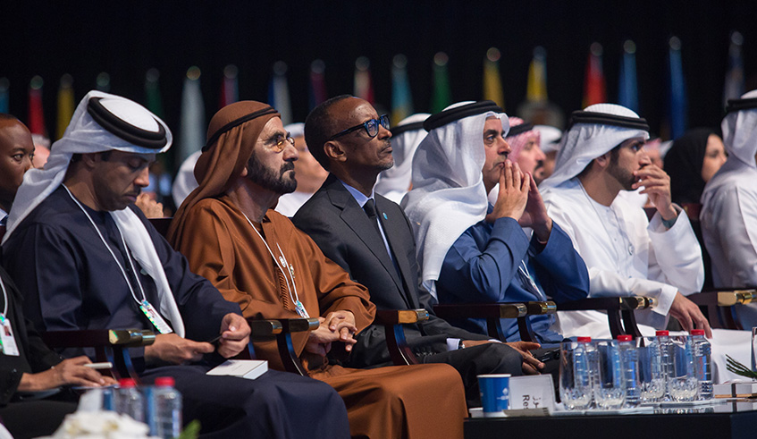 President Paul Kagame (3rd left) at the World Government Summit in Dubai. Kagame says that governance must primarily focus on equipping the youth with the requisite skills to compete and succeed globally. Village Urugwiro.