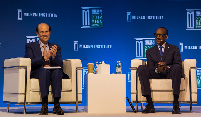 President Paul Kagame (right) on a panel at the Milken Middle East and North Africa Summit in Abu Dhabi yesterday. The President, who is a strong advocate of self-reliance, has called for sustained investment in citizens, especially the youth. Village Urugwiro.