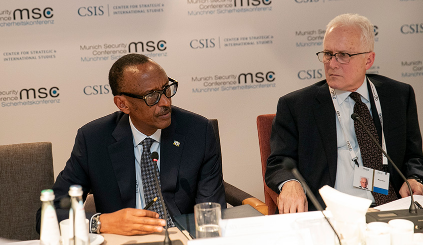 President Kagame speaks during a health security roundtable discussion at this yearu2019s edition of the Munich Security Conference yesterday.  Looking on is J. Stephen Morrison, Senior Vice President and Director, Centre for Strategic & International Studies (CSIS) - Global Health Policy Centre. The President said trust and communication are critical for laying the foundation of public health preparedness and response. Village Urugwiro.