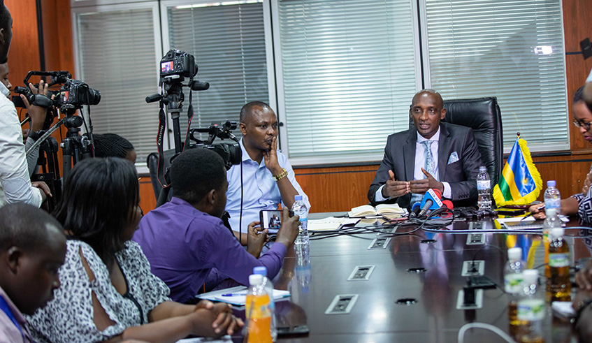 RSSB boss Richard Tusabe speaks during a media briefing yesterday at the pension board headquarters in Kigali yesterday. Emmanuel Kwizera.