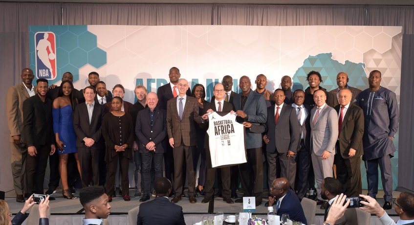 NBA, FIBA and former NBA players at the launch of the Basketball Africa League in Charlotte.