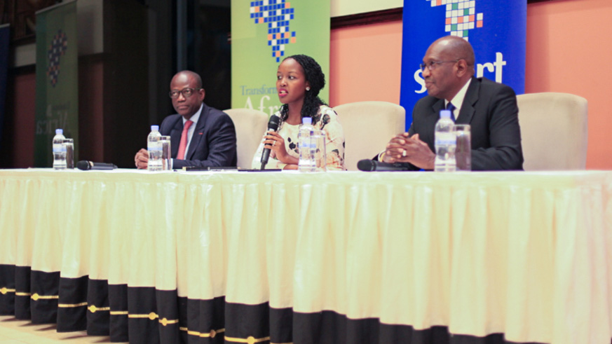 Minister Ingabire (centre) welcomed Lacina Kone (left), the new Director General of the Kigali-based Smart Africa Secretariat and thanked his predecessor Dr Hamadoun Toureu0301 (right). Net photo.