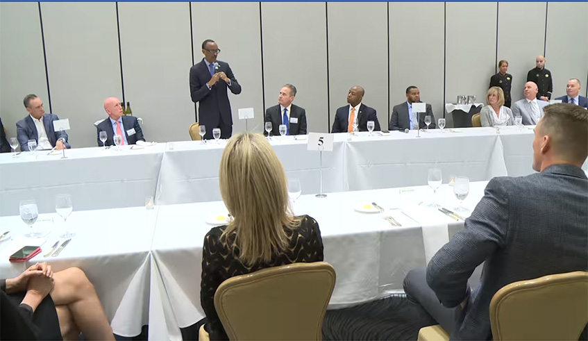 President Kagame speaks to business leaders in Charlotte, North Carolina on Monday. 