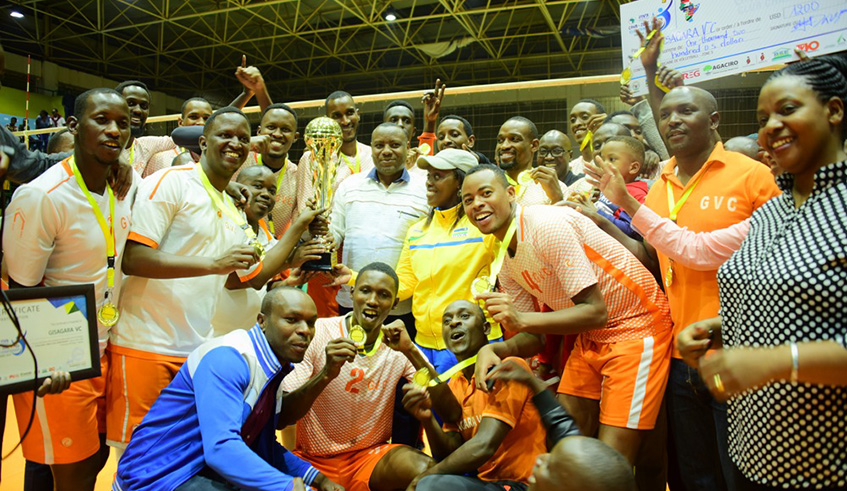 Gisagara Volleyball Club players and staff celebrate after they beat REG to win the 2019 CAVB Zone V Championship at Amahoro Stadium on Saturday. Courtesy.