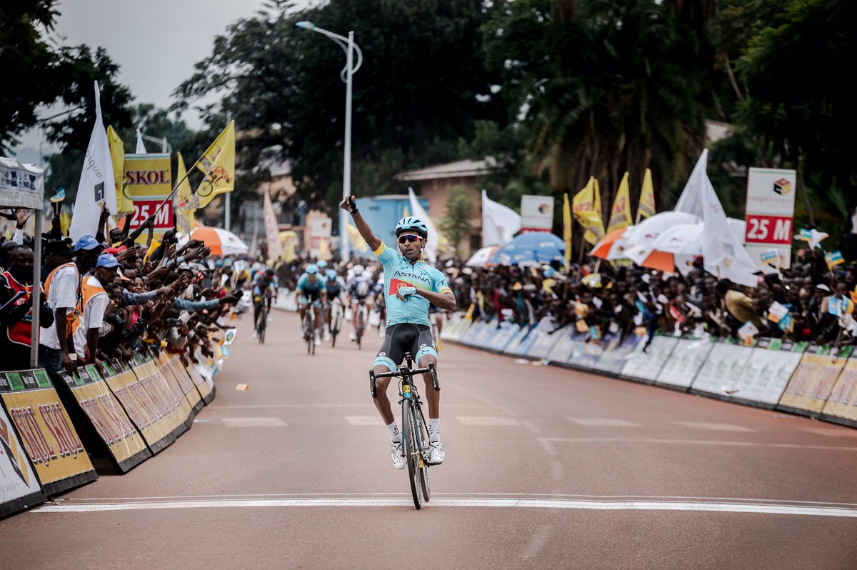 Astana Pro Team's Eritrean rider Marhawi Kudus celebrates his Stage 2 victory as he crossed the finish-line in Huye District on Monday afternoon. / Tour du Rwanda