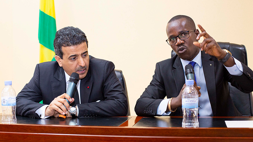 The Attorney General of Qatar, Ali Bin Fatais Al Marri (left), and the State minister for Constitutional and Legal Affairs, Evode Uwizeyimana, on Sunday. Al Marri, hailed Rwandau2019s recovery and gains in the judicial sector, 25 years after the 1994 Genocide against the Tutsi. Emmanuel Kwizera. 
