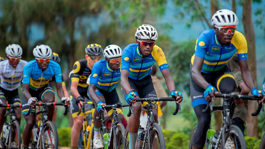 Team Rwanda riders, led by two-time Tour du Rwanda winner Valens Ndayisenga, are seen in a peloton during Stage 2 yesterday. 