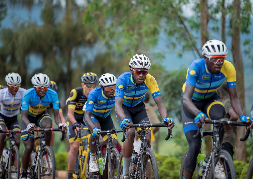 Team Rwanda riders, led by two-time Tour du Rwanda winner Valens Ndayisenga, are seen in a peloton during Stage 1 on Sunday. All photos by Plaisir Muzogeye