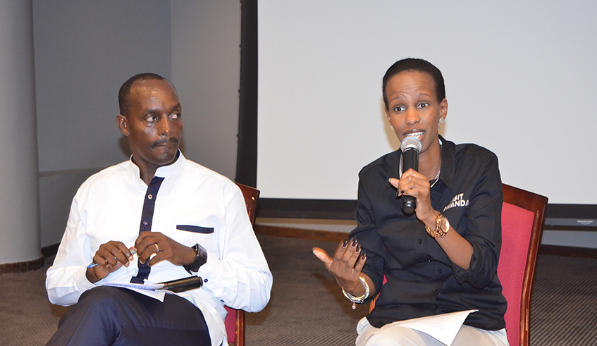 Chief Tourism Officer at RDB, Belise Kaliza speaks during the high-level tourism meeting as Eastern Province Governor Mufulukye looks on in Nyagatare last week. Jean de Dieu Nsabimana.