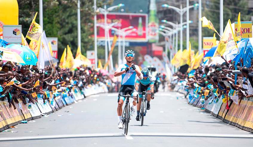 Colombian sprinter Edwin Avila Vanegas celebrates as he crosses the finish-line in Karongi to win Stage 4 of the 2019 Tour du Rwanda on Wednesday. All photos by Plaisir Muzogeye.