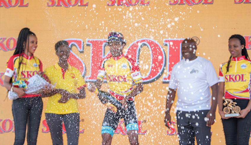 Kudus pops the champagne to celebrate his second in Tour du Rwanda this year on Tuesday