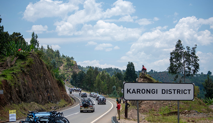 Riders make their way into Karongi from Rubavu District during Stage 4 on Wednesday.