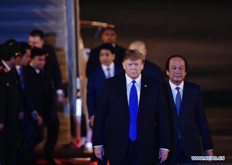 U.S. President Donald Trump (front) arrives at an airport in Hanoi, Vietnam, Feb. 26, 2019. / Xinhua