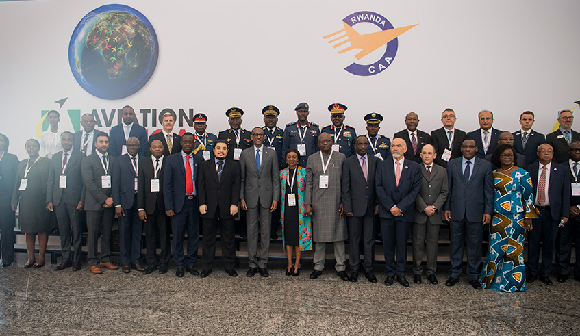 President Kagame (centre) poses with airlinesâ€™ chief executives and aviation industry captains shortly after the opening of the Aviation Africa Summit in Kigali yesterday. The President said the operationalisation of the Single African Air Transport Market (SAATM) will among other things eliminate challenges of geography which have been a common reason for continentâ€™s underdevelopment. Village Urugwiro.