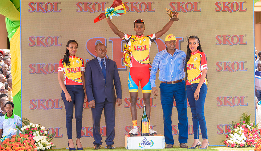 Eritrean Girmay Biniam, 18, celebrates in Skol jersey after winning Stage 5 of the 2019 Tour du Rwanda in Musanze on Thursday.  Plaisir Muzogeye.